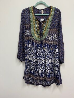 NWT Raga Navy Blue Printed V-Neck Tunic with Embroidered Yoke size XS